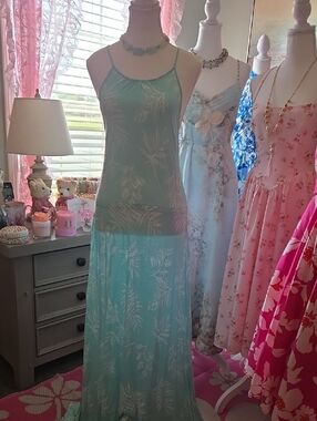 Light Aqua Floral Maxi Dress - Sleeveless Halter Style